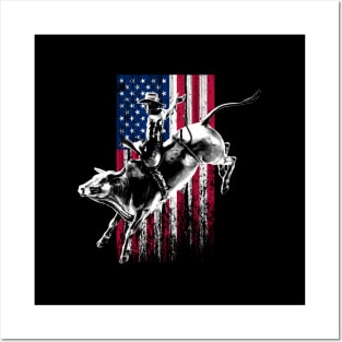 Rodeo Bull Rider Patriotic American Flag For Cowboys Posters and Art